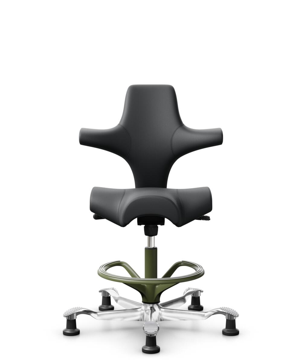HÅG Capisco 8106 - Paloma Soft (Wollsdorf) - Semi-aniline Leder - PL55206 Grey - Framekleur - Moss Grey - Gasveer - 200 mm (Zithoogte 46-64cm) - Vloercontact - Glijdoppen - Voetenring - Ja, in framekleur - Voetster - Ja, voetster in gepolijst aluminium - 2