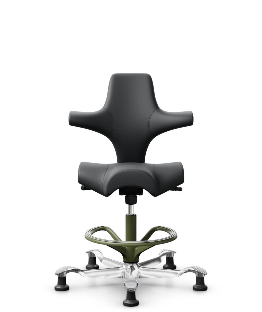 HÅG Capisco 8106 - Paloma Soft (Wollsdorf) - Semi-aniline Leder - PL55206 Grey - Framekleur - Moss Grey - Gasveer - 265 mm (Zithoogte 53-79cm) - Vloercontact - Glijdoppen - Voetenring - Ja, in framekleur - Voetster - Ja, voetster in gepolijst aluminium - 2