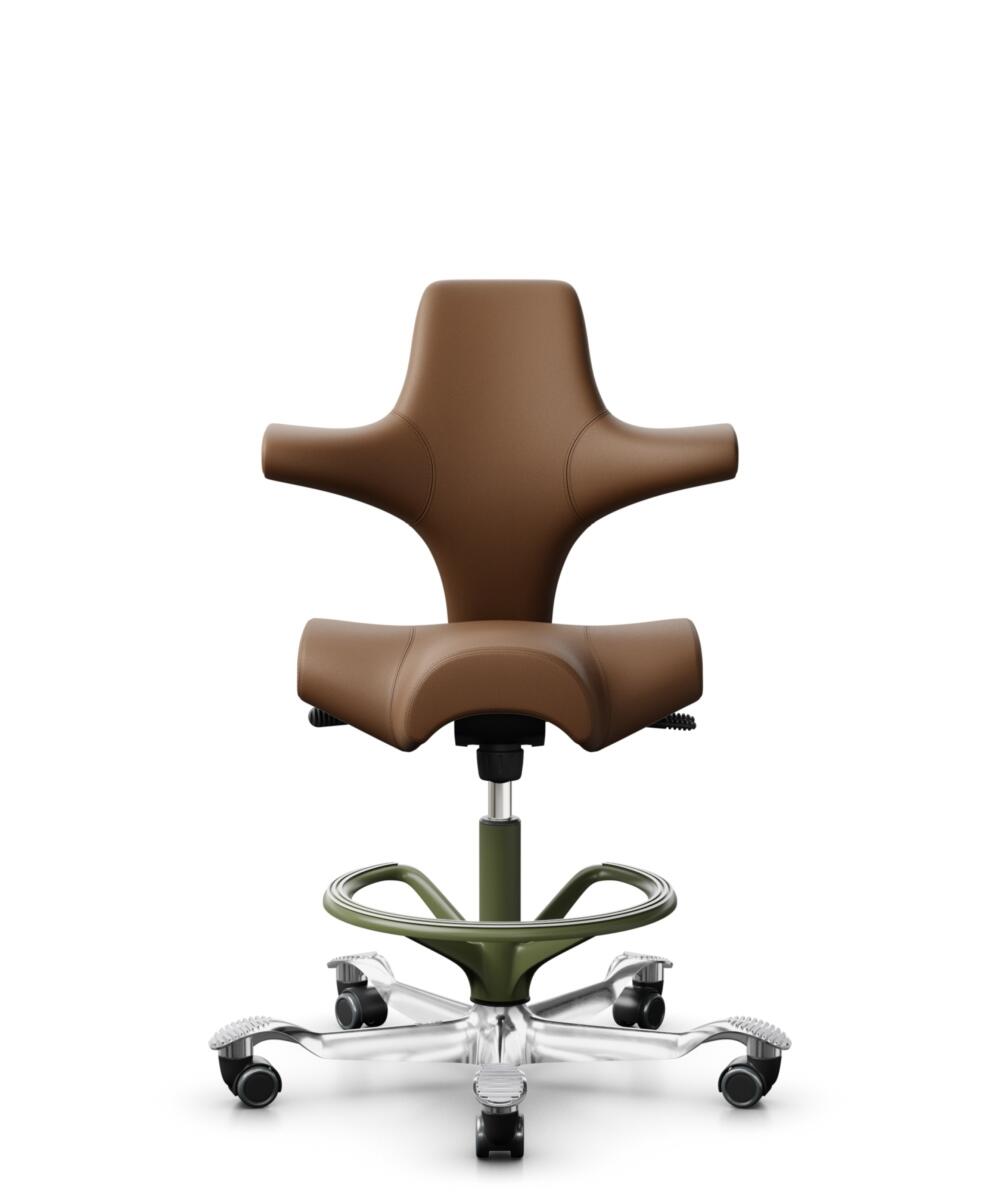 HÅG Capisco 8106 - Paloma Soft (Wollsdorf) - Semi-aniline Leder - PL05429 Cognac - Framekleur - Moss Grey - Gasveer - 200 mm (Zithoogte 46-64cm) - Vloercontact - Zachte wielen t.b.v. harde vloeren - Voetenring - Ja, in framekleur - Voetster - Ja, voets... - 1