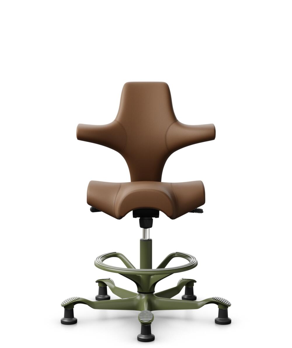 HÅG Capisco 8106 - Paloma Soft (Wollsdorf) - Semi-aniline Leder - PL05429 Cognac - Framekleur - Moss Grey - Gasveer - 265 mm (Zithoogte 53-79cm) - Vloercontact - Glijdoppen - Voetenring - Ja, in framekleur - Voetster - Nee, voetster in framekleur - 1