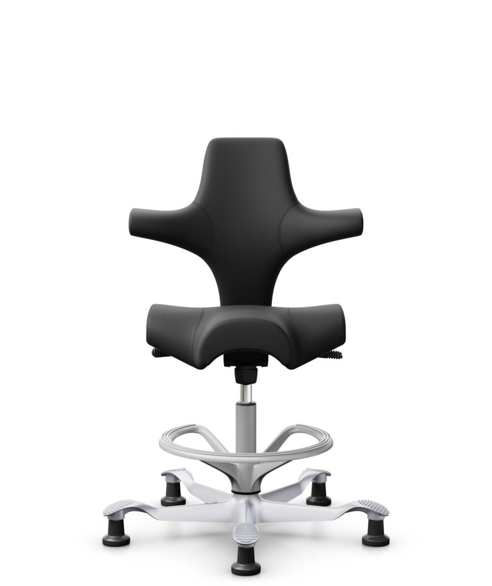 HÅG Capisco 8106 - Paloma Soft (Wollsdorf) - Semi-aniline Leder - PL56100 Black - Framekleur - Zilver - Gasveer - 200 mm (Zithoogte 46-64cm) - Vloercontact - Glijdoppen - Voetenring - Ja, in framekleur - Voetster - Nee, voetster in framekleur - 1