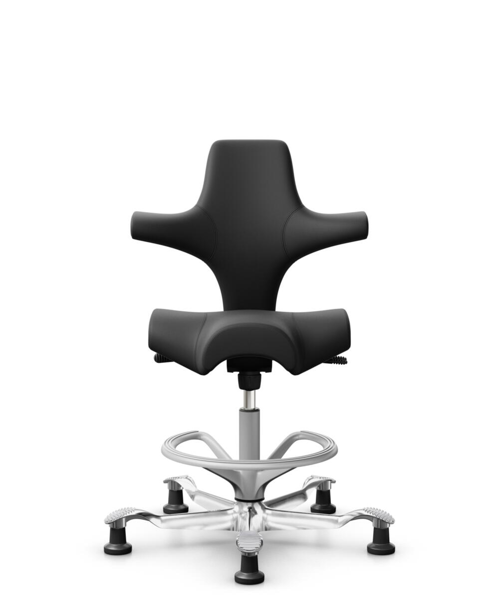HÅG Capisco 8106 - Paloma Soft (Wollsdorf) - Semi-aniline Leder - PL56100 Black - Framekleur - Zilver - Gasveer - 265 mm (Zithoogte 53-79cm) - Vloercontact - Glijdoppen - Voetenring - Ja, in framekleur - Voetster - Ja, voetster in gepolijst aluminium - 1