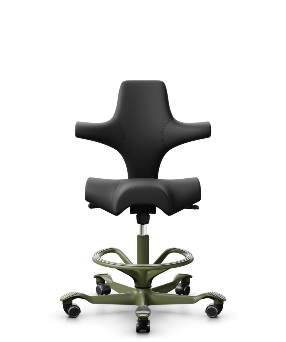 HÅG Capisco 8106 - Paloma Soft (Wollsdorf) - Semi-aniline Leder - PL56100 Black - Framekleur - Moss Grey - Gasveer - 200 mm (Zithoogte 46-64cm) - Vloercontact - Harde wielen t.b.v. zachte vloeren - Voetenring - Ja, in framekleur - Voetster - Nee, voets... - 1