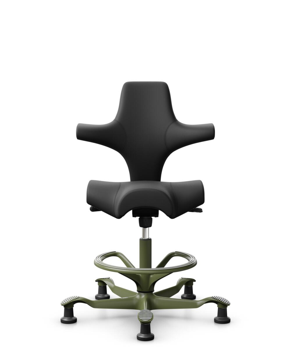 HÅG Capisco 8106 - Paloma Soft (Wollsdorf) - Semi-aniline Leder - PL56100 Black - Framekleur - Moss Grey - Gasveer - 200 mm (Zithoogte 46-64cm) - Vloercontact - Glijdoppen - Voetenring - Ja, in framekleur - Voetster - Nee, voetster in framekleur - 1