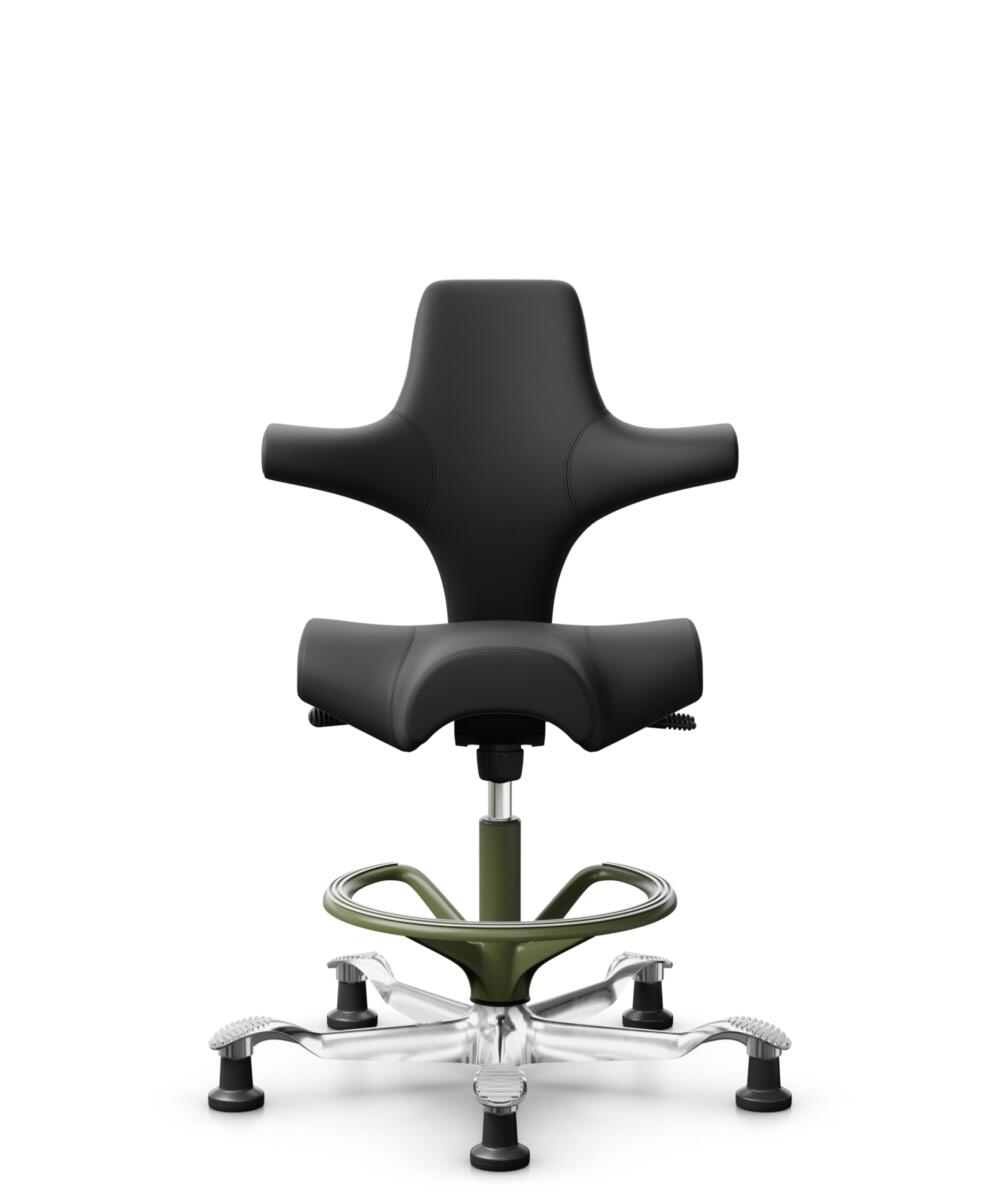 HÅG Capisco 8106 - Paloma Soft (Wollsdorf) - Semi-aniline Leder - PL56100 Black - Framekleur - Moss Grey - Gasveer - 200 mm (Zithoogte 46-64cm) - Vloercontact - Glijdoppen - Voetenring - Ja, in framekleur - Voetster - Ja, voetster in gepolijst aluminium - 1