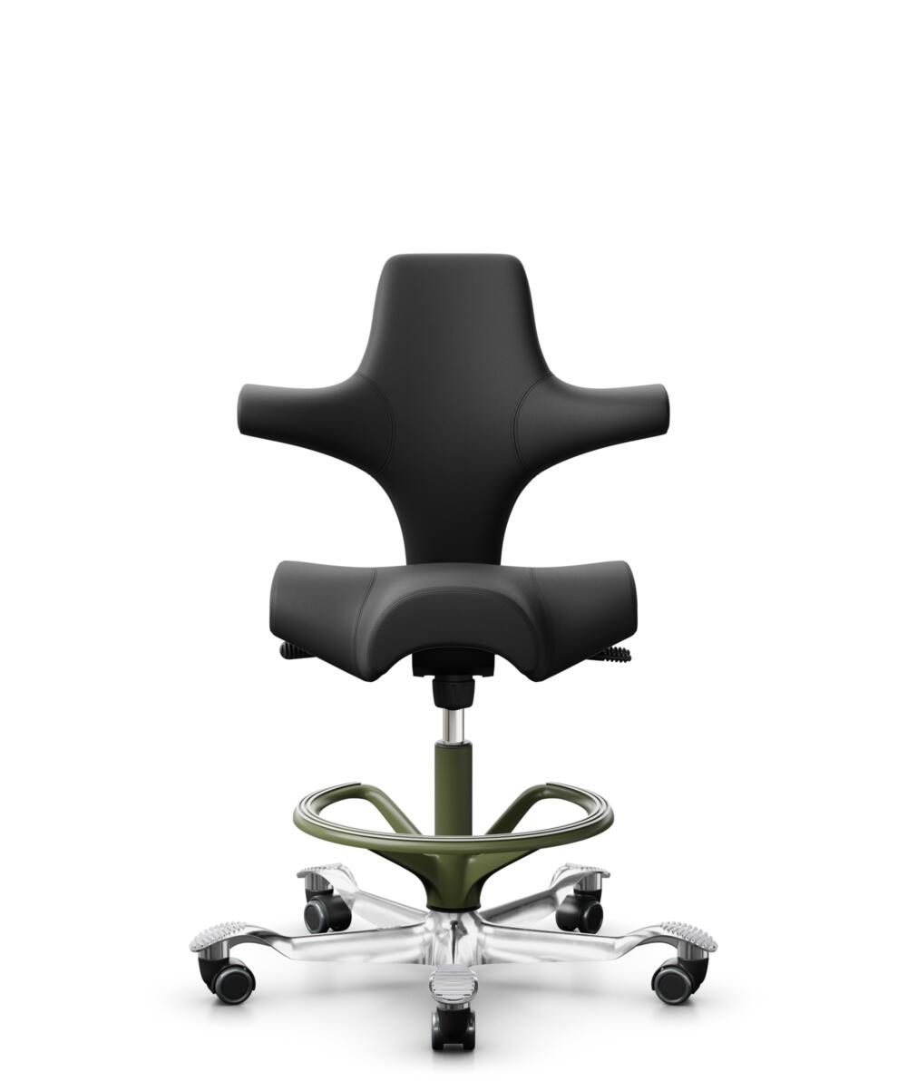 HÅG Capisco 8106 - Paloma Soft (Wollsdorf) - Semi-aniline Leder - PL56100 Black - Framekleur - Moss Grey - Gasveer - 265 mm (Zithoogte 53-79cm) - Vloercontact - Harde wielen t.b.v. zachte vloeren - Voetenring - Ja, in framekleur - Voetster - Ja, voetst... - 1