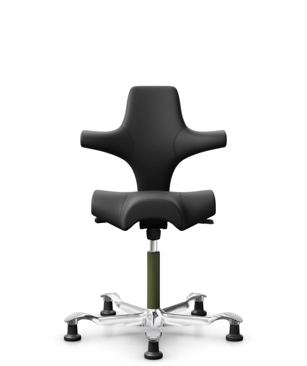 HÅG Capisco 8106 - Paloma Soft (Wollsdorf) - Semi-aniline Leder - PL56100 Black - Framekleur - Moss Grey - Gasveer - 265 mm (Zithoogte 53-79cm) - Vloercontact - Glijdoppen - Voetenring - Nee, geen voetenring - Voetster - Ja, voetster in gepolijst alumi... - 1