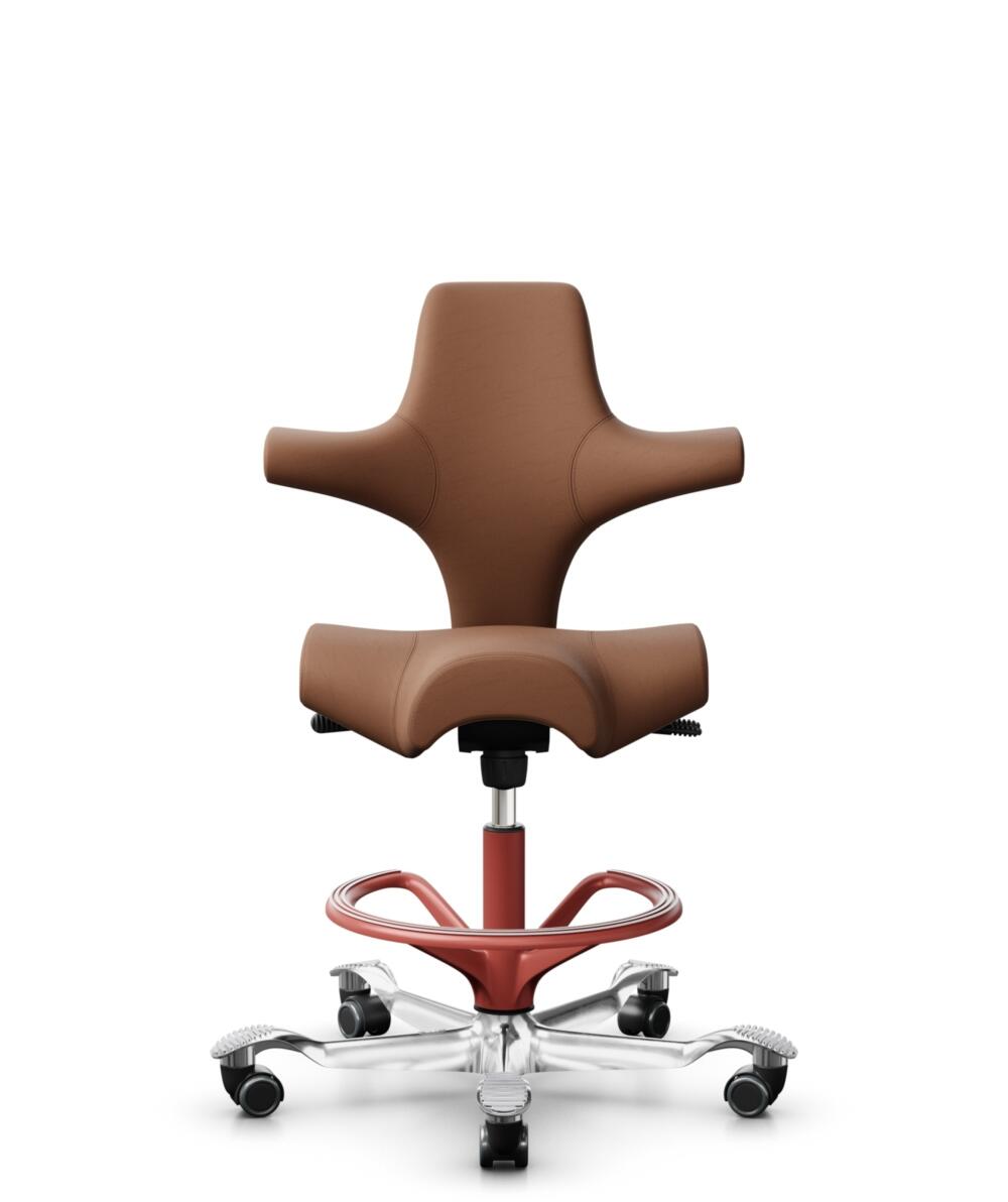 HÅG Capisco 8106 - Elmosoft (Elmo) - Semi-aniline Leder - EL33004 - Cognac - Framekleur - Blush Rose - Gasveer - 200 mm (Zithoogte 46-64cm) - Vloercontact - Harde wielen t.b.v. zachte vloeren - Voetenring - Ja, in framekleur - Voetster - Ja, voetster i... - 2