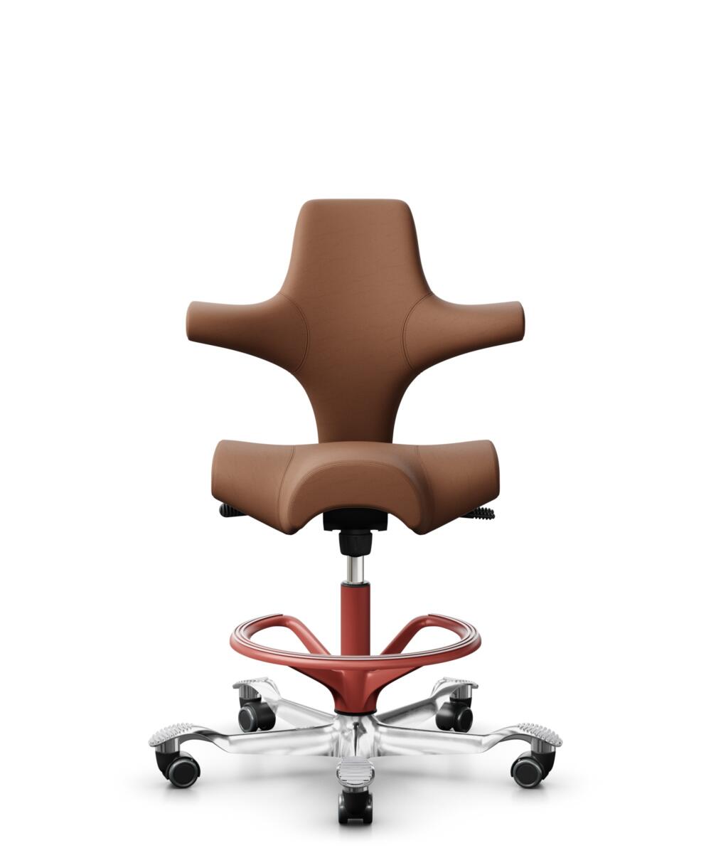 HÅG Capisco 8106 - Elmosoft (Elmo) - Semi-aniline Leder - EL33004 - Cognac - Framekleur - Blush Rose - Gasveer - 200 mm (Zithoogte 46-64cm) - Vloercontact - Zachte wielen t.b.v. harde vloeren - Voetenring - Ja, in framekleur - Voetster - Ja, voetster i... - 2