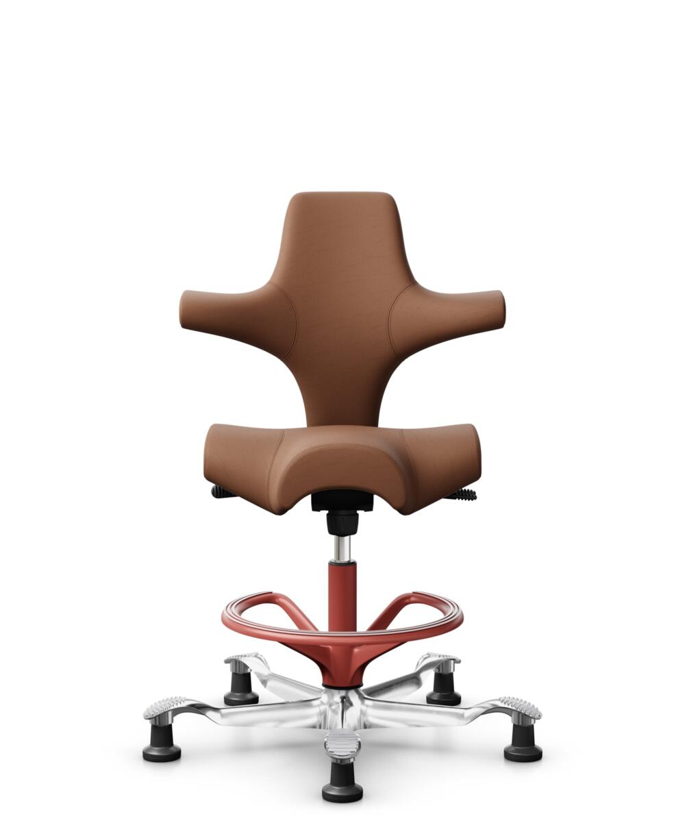 HÅG Capisco 8106 - Elmosoft (Elmo) - Semi-aniline Leder - EL33004 - Cognac - Framekleur - Blush Rose - Gasveer - 265 mm (Zithoogte 53-79cm) - Vloercontact - Glijdoppen - Voetenring - Ja, in framekleur - Voetster - Ja, voetster in gepolijst aluminium - 3