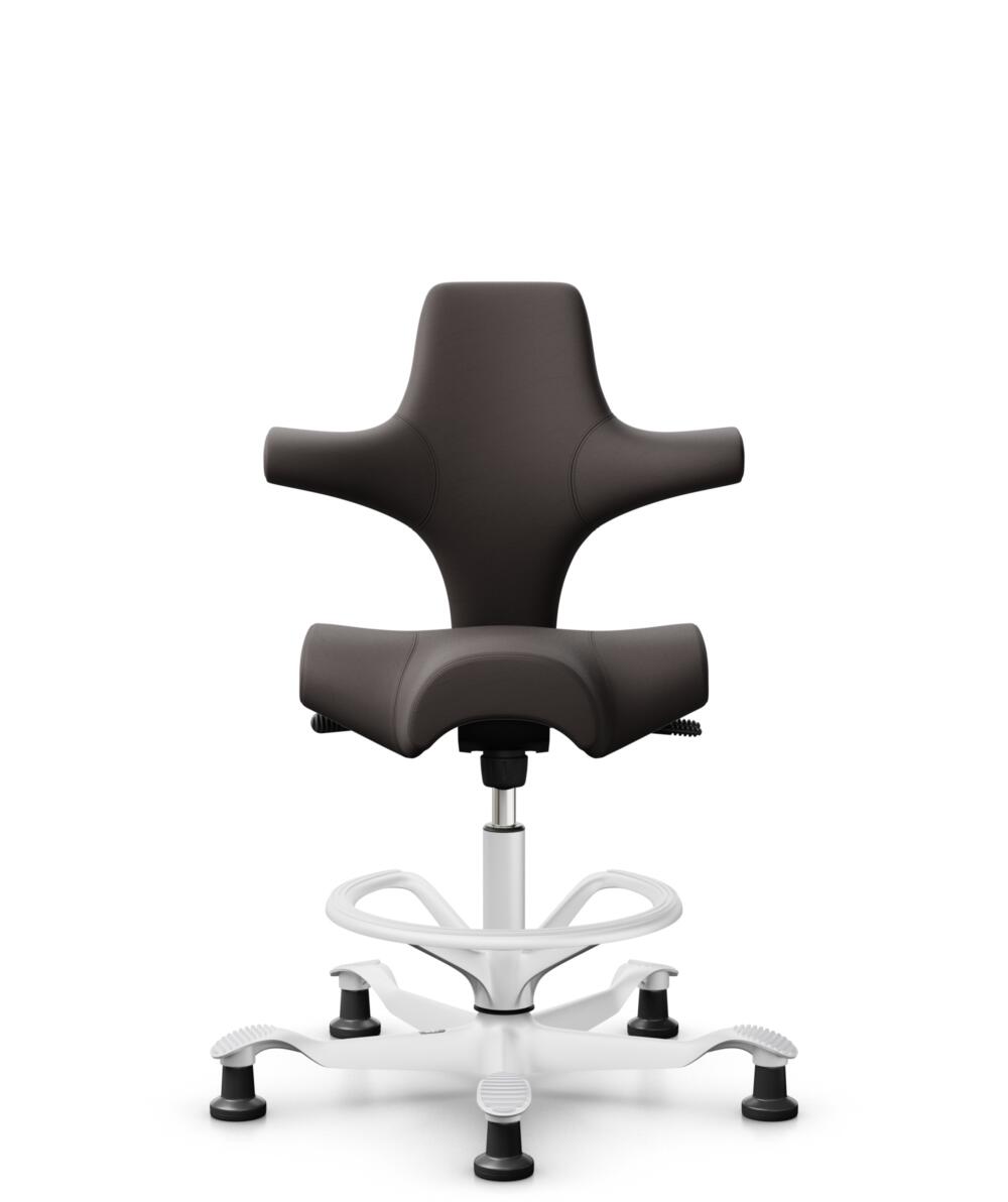 HÅG Capisco 8106 - Elmosoft (Elmo) - Semi-aniline Leder - EL93068 - Dark brown - Framekleur - Wit - Gasveer - 200 mm (Zithoogte 46-64cm) - Vloercontact - Glijdoppen - Voetenring - Ja, in framekleur - Voetster - Nee, voetster in framekleur - 3