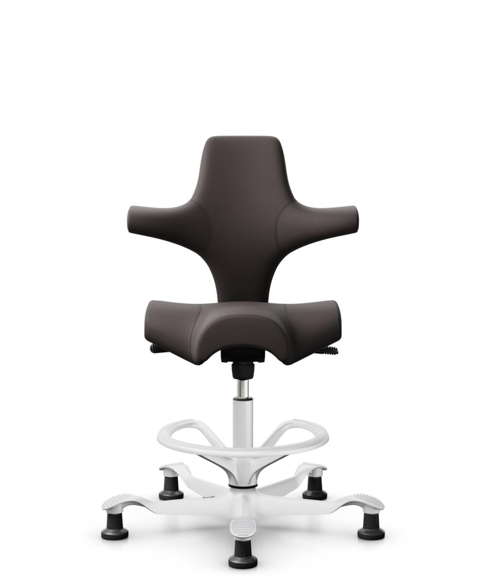 HÅG Capisco 8106 - Elmosoft (Elmo) - Semi-aniline Leder - EL93068 - Dark brown - Framekleur - Wit - Gasveer - 265 mm (Zithoogte 53-79cm) - Vloercontact - Glijdoppen - Voetenring - Ja, in framekleur - Voetster - Nee, voetster in framekleur - 3