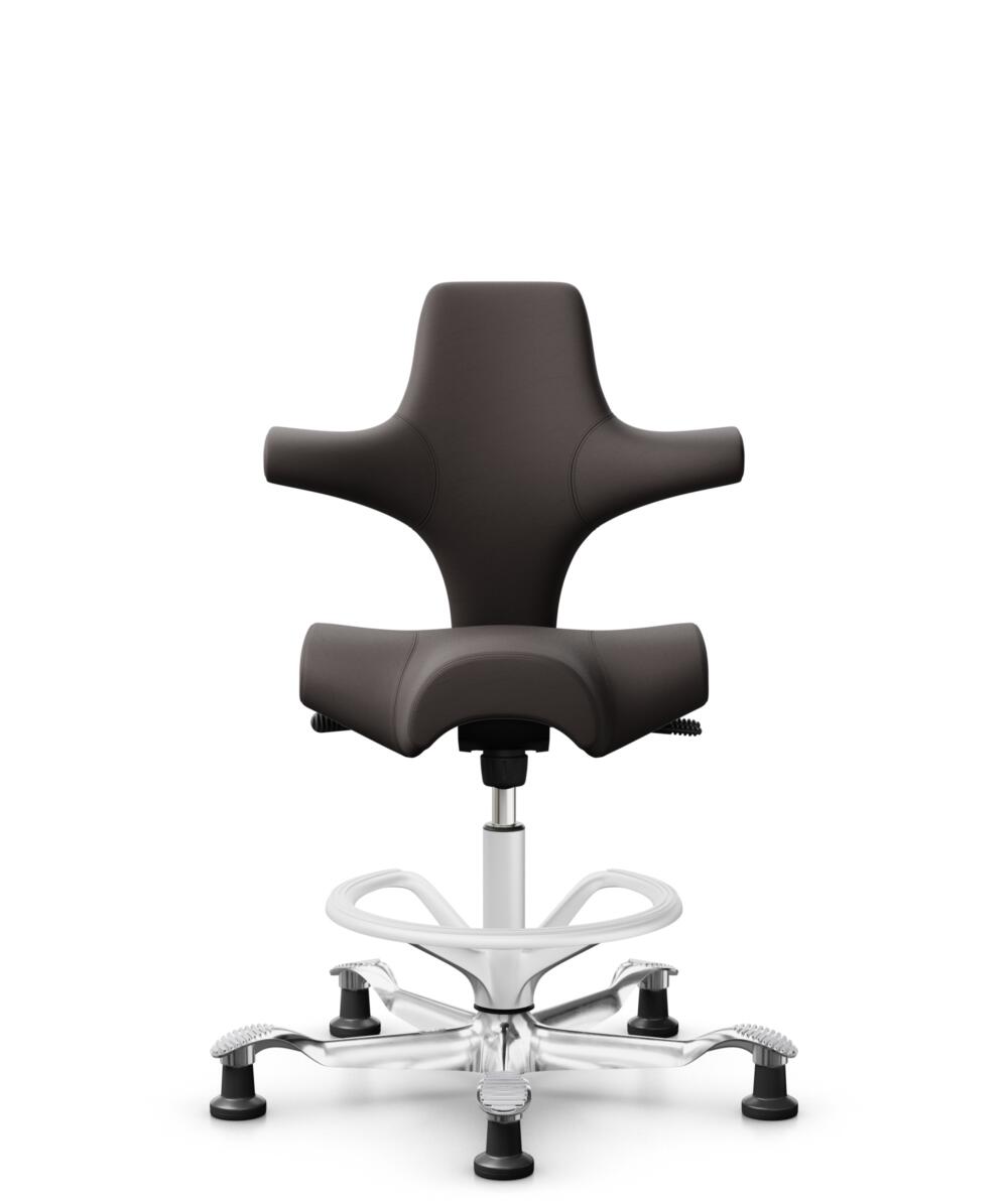 HÅG Capisco 8106 - Elmosoft (Elmo) - Semi-aniline Leder - EL93068 - Dark brown - Framekleur - Wit - Gasveer - 265 mm (Zithoogte 53-79cm) - Vloercontact - Glijdoppen - Voetenring - Ja, in framekleur - Voetster - Ja, voetster in gepolijst aluminium - 1