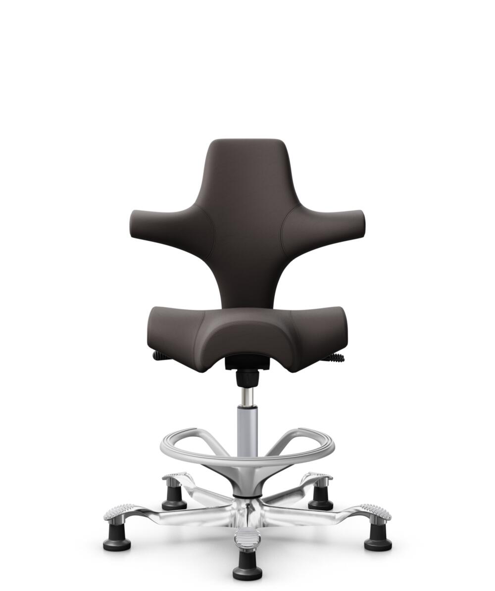 HÅG Capisco 8106 - Elmosoft (Elmo) - Semi-aniline Leder - EL93068 - Dark brown - Framekleur - Zilver - Gasveer - 200 mm (Zithoogte 46-64cm) - Vloercontact - Glijdoppen - Voetenring - Ja, in framekleur - Voetster - Ja, voetster in gepolijst aluminium - 2