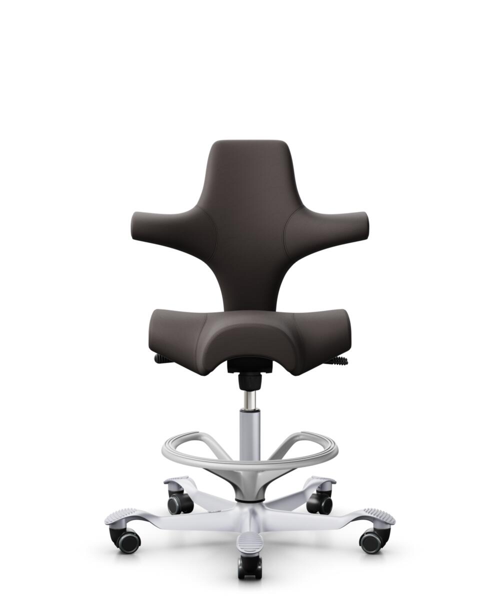 HÅG Capisco 8106 - Elmosoft (Elmo) - Semi-aniline Leder - EL93068 - Dark brown - Framekleur - Zilver - Gasveer - 265 mm (Zithoogte 53-79cm) - Vloercontact - Harde wielen t.b.v. zachte vloeren - Voetenring - Ja, in framekleur - Voetster - Nee, voetster ... - 2