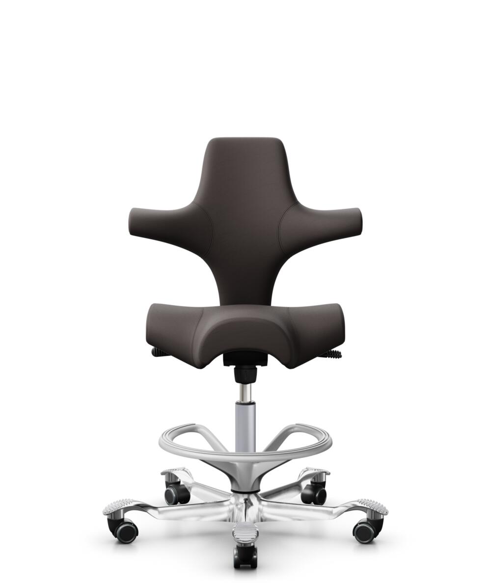 HÅG Capisco 8106 - Elmosoft (Elmo) - Semi-aniline Leder - EL93068 - Dark brown - Framekleur - Zilver - Gasveer - 265 mm (Zithoogte 53-79cm) - Vloercontact - Harde wielen t.b.v. zachte vloeren - Voetenring - Ja, in framekleur - Voetster - Ja, voetster i... - 3