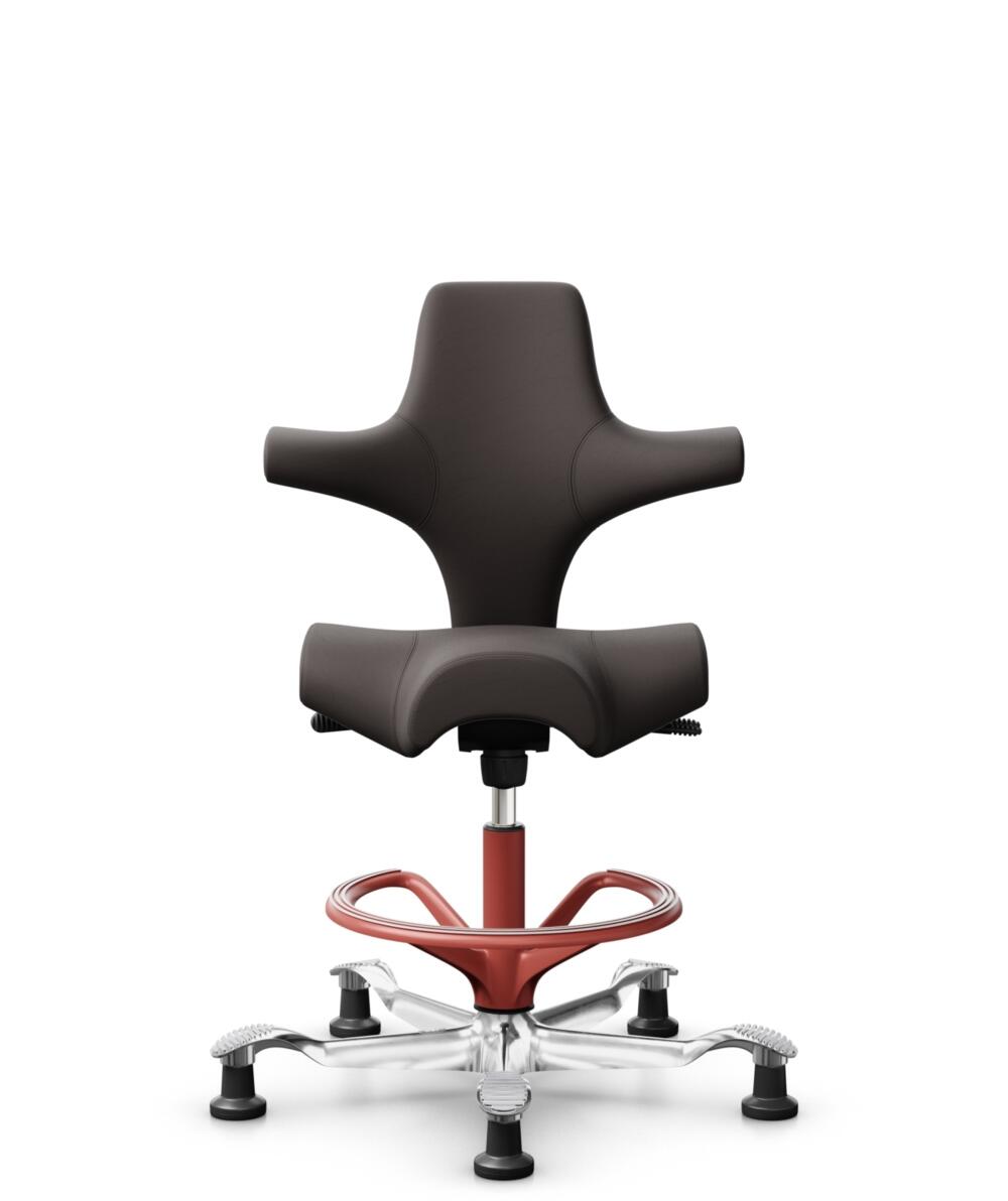 HÅG Capisco 8106 - Elmosoft (Elmo) - Semi-aniline Leder - EL93068 - Dark brown - Framekleur - Blush Rose - Gasveer - 200 mm (Zithoogte 46-64cm) - Vloercontact - Glijdoppen - Voetenring - Ja, in framekleur - Voetster - Ja, voetster in gepolijst aluminium - 2