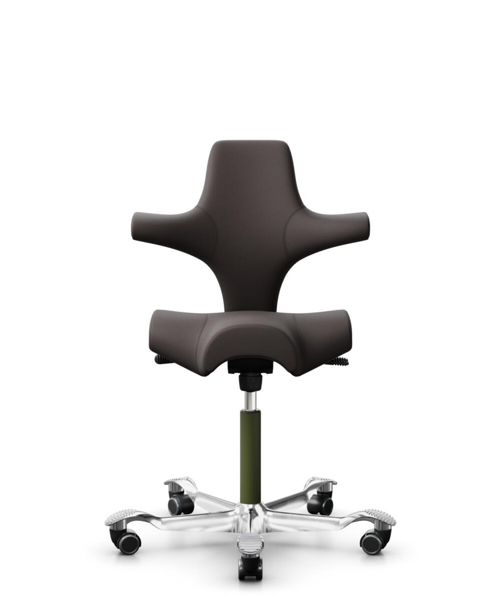 HÅG Capisco 8106 - Elmosoft (Elmo) - Semi-aniline Leder - EL93068 - Dark brown - Framekleur - Moss Grey - Gasveer - 150 mm (Zithoogte 40-55cm) - Vloercontact - Harde wielen t.b.v. zachte vloeren - Voetenring - Nee, geen voetenring - Voetster - Ja, voet... - 3