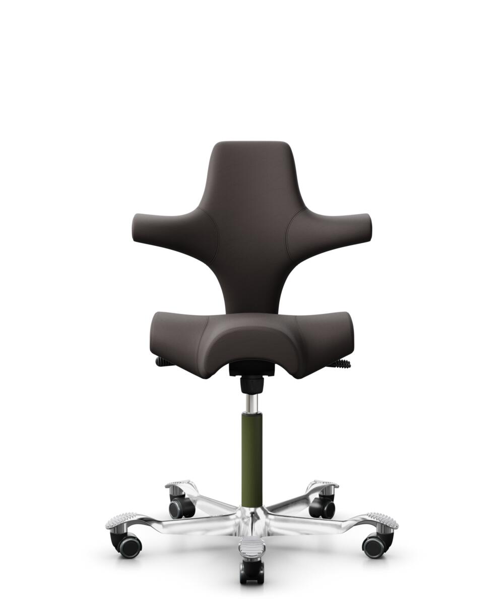 HÅG Capisco 8106 - Elmosoft (Elmo) - Semi-aniline Leder - EL93068 - Dark brown - Framekleur - Moss Grey - Gasveer - 150 mm (Zithoogte 40-55cm) - Vloercontact - Zachte wielen t.b.v. harde vloeren - Voetenring - Nee, geen voetenring - Voetster - Ja, voet... - 3