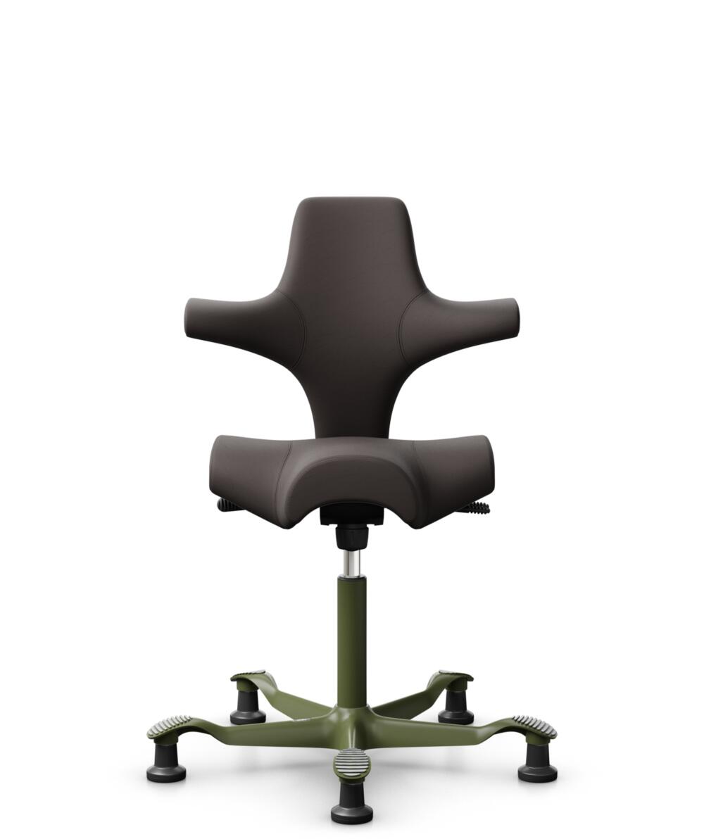 HÅG Capisco 8106 - Elmosoft (Elmo) - Semi-aniline Leder - EL93068 - Dark brown - Framekleur - Moss Grey - Gasveer - 265 mm (Zithoogte 53-79cm) - Vloercontact - Glijdoppen - Voetenring - Nee, geen voetenring - Voetster - Nee, voetster in framekleur - 2