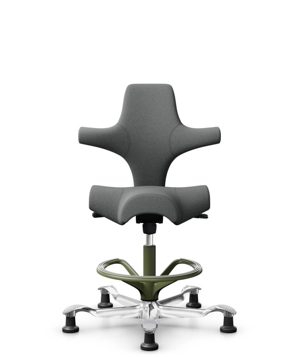 HÅG Capisco 8106 - Cura Loop (Gabriel) - Gerecycled Polyester - CLP60109 - Grey - Framekleur - Moss Grey - Gasveer - 265 mm (Zithoogte 53-79cm) - Vloercontact - Glijdoppen - Voetenring - Ja, in framekleur - Voetster - Ja, voetster in gepolijst aluminium - 1